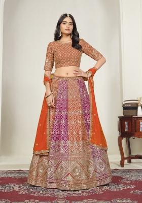 Orange Embroidered Georgette Lehenga Set