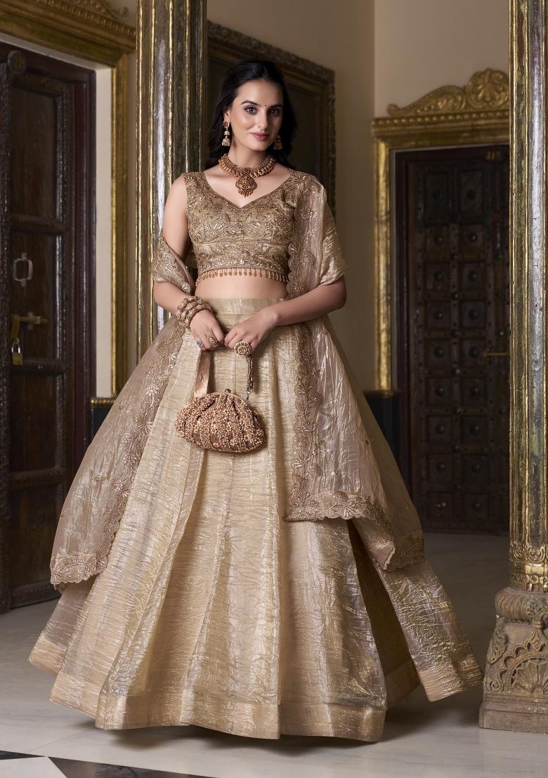 Beige Embroidered Organza Lehenga Set - Indya