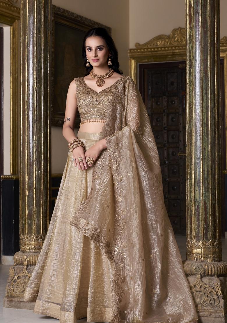 Beige Embroidered Organza Lehenga Set - Indya