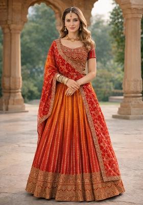 Orange Embroidered Chinon Lehenga Set