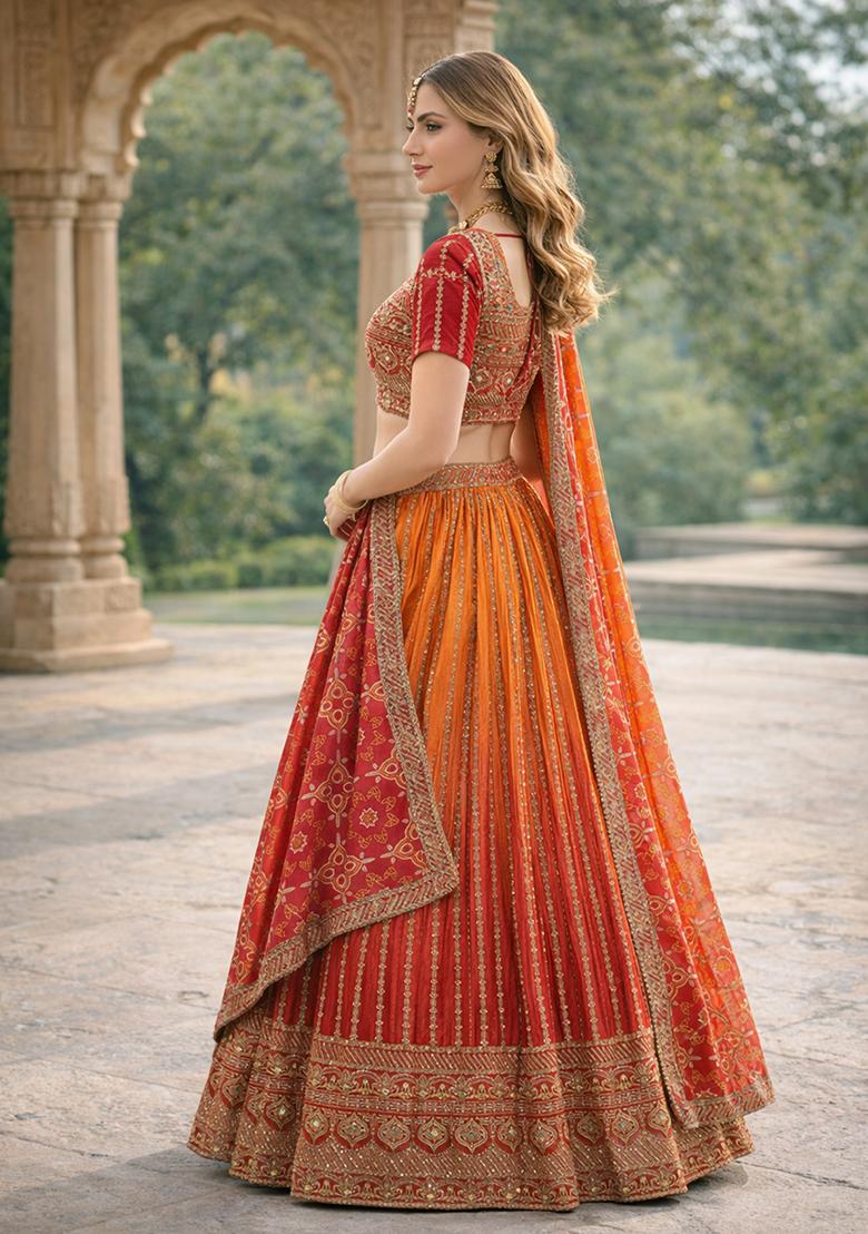 Orange Embroidered Chinon Lehenga Set - Indya