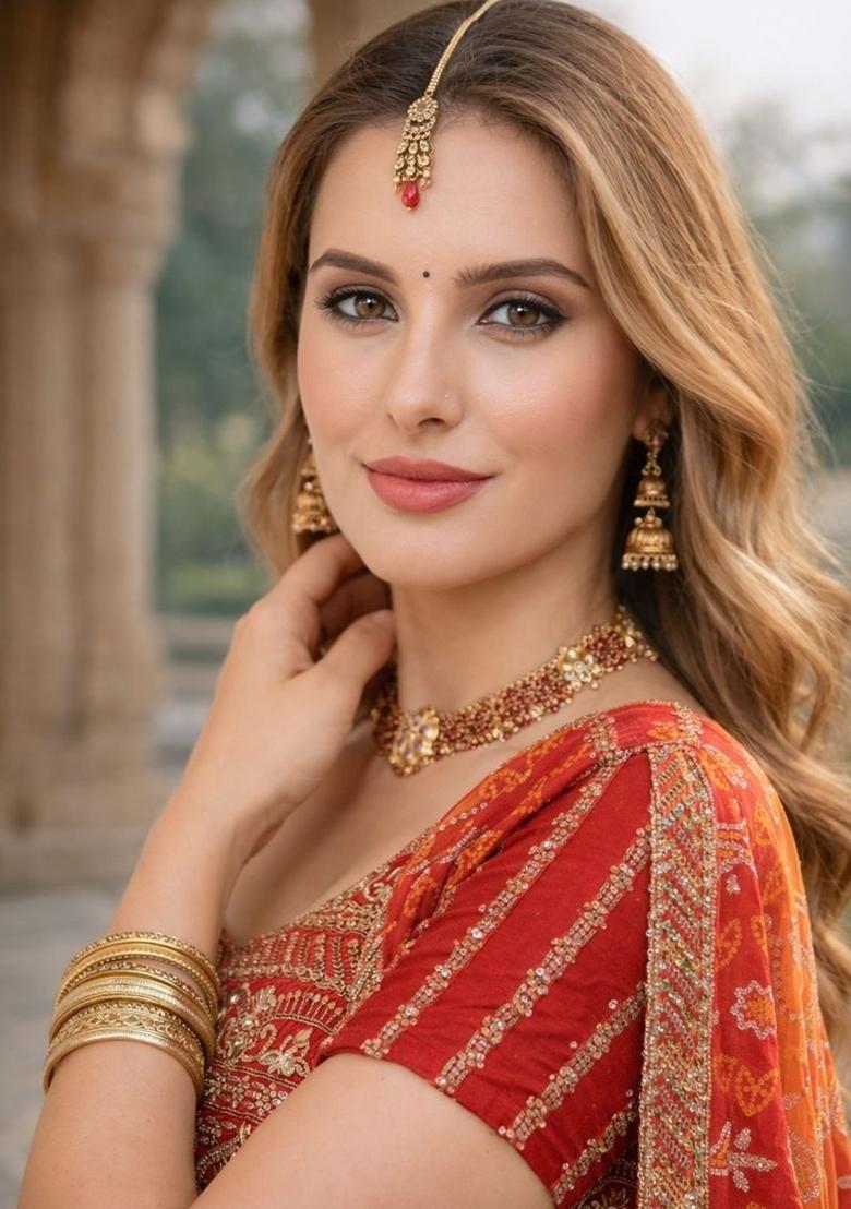Orange Embroidered Chinon Lehenga Set - Indya