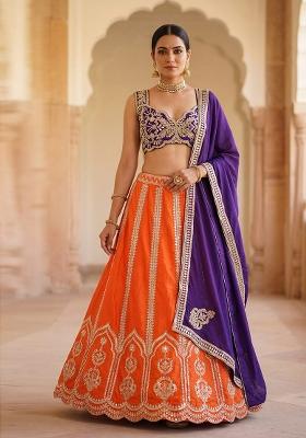 Orange Embroidered Silk Lehenga Set