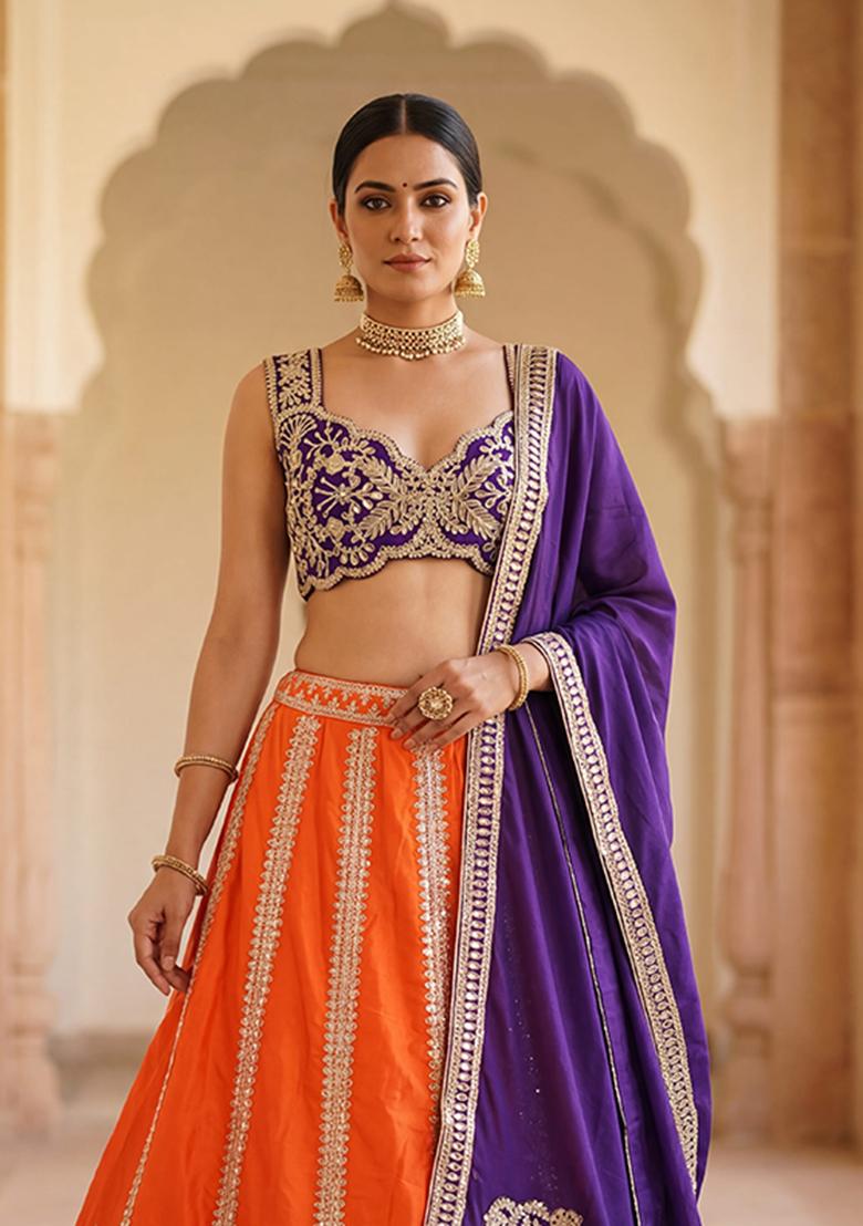 Orange Embroidered Silk Lehenga Set - Indya