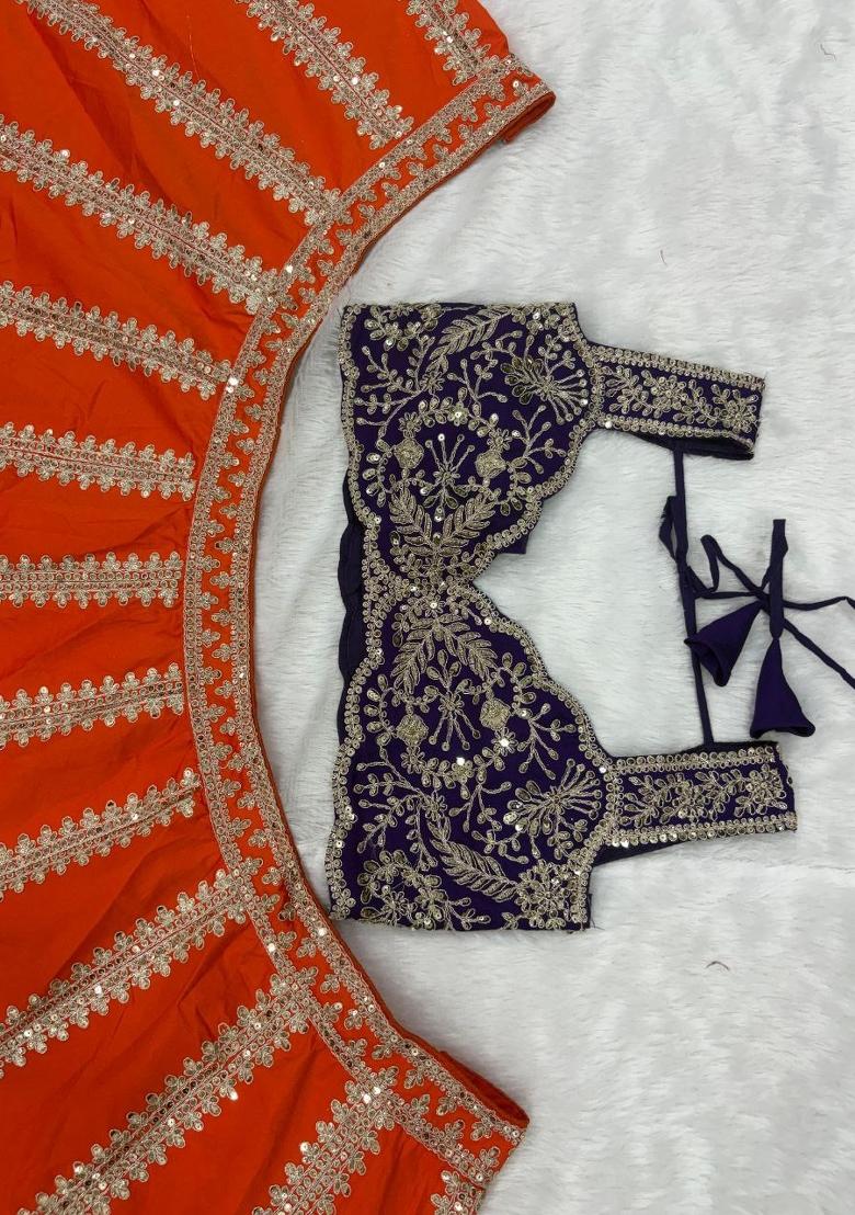 Orange Embroidered Silk Lehenga Set - Indya
