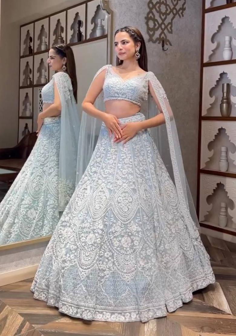 Sky Blue Embroidered Net Lehenga Set - Indya