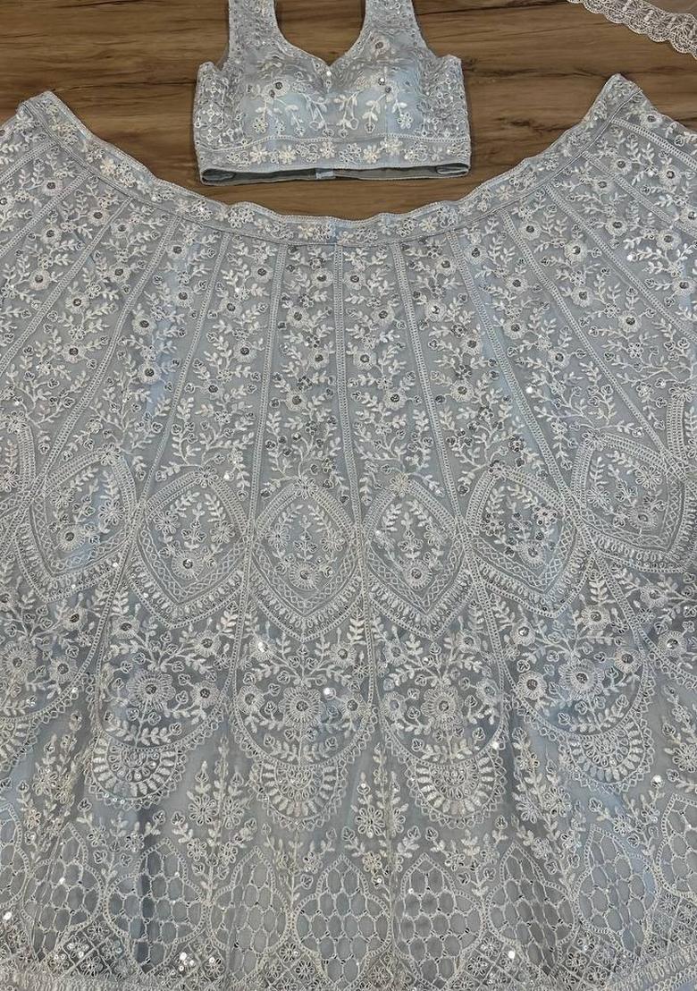 Sky Blue Embroidered Net Lehenga Set - Indya