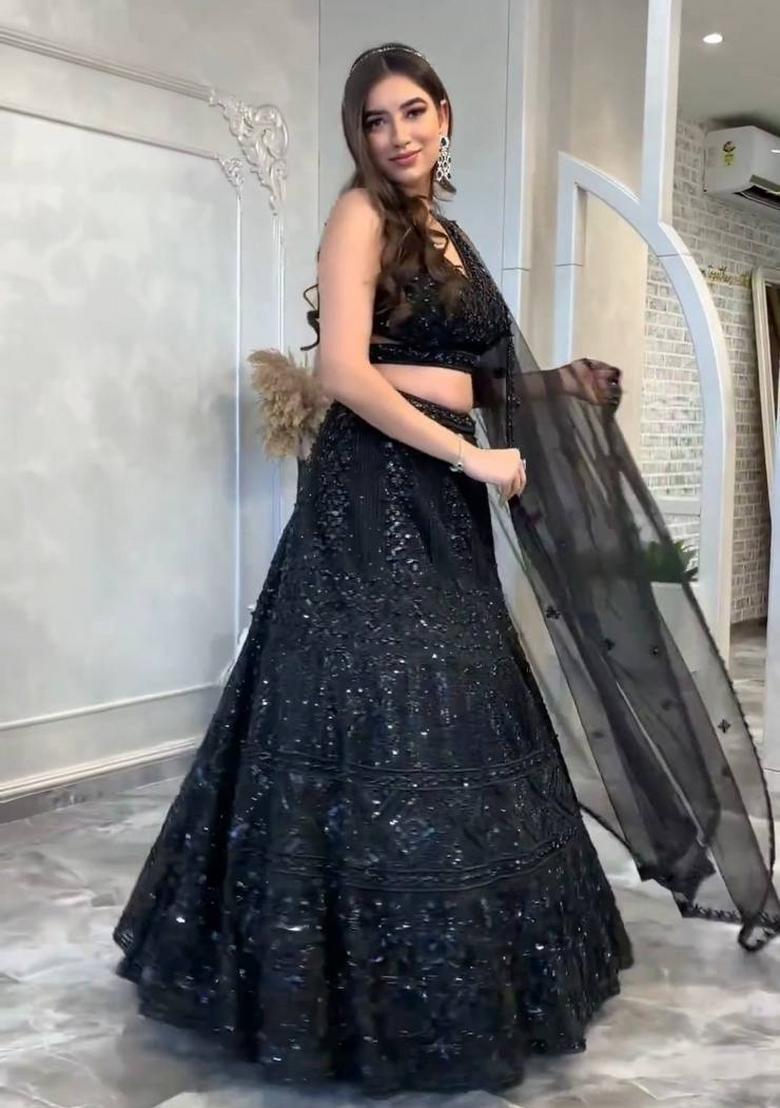 Black Embroidered Net Lehenga Set - Indya