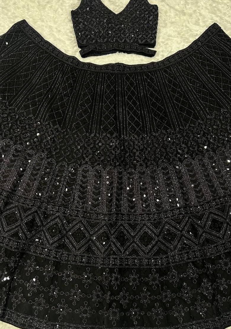 Black Embroidered Net Lehenga Set - Indya