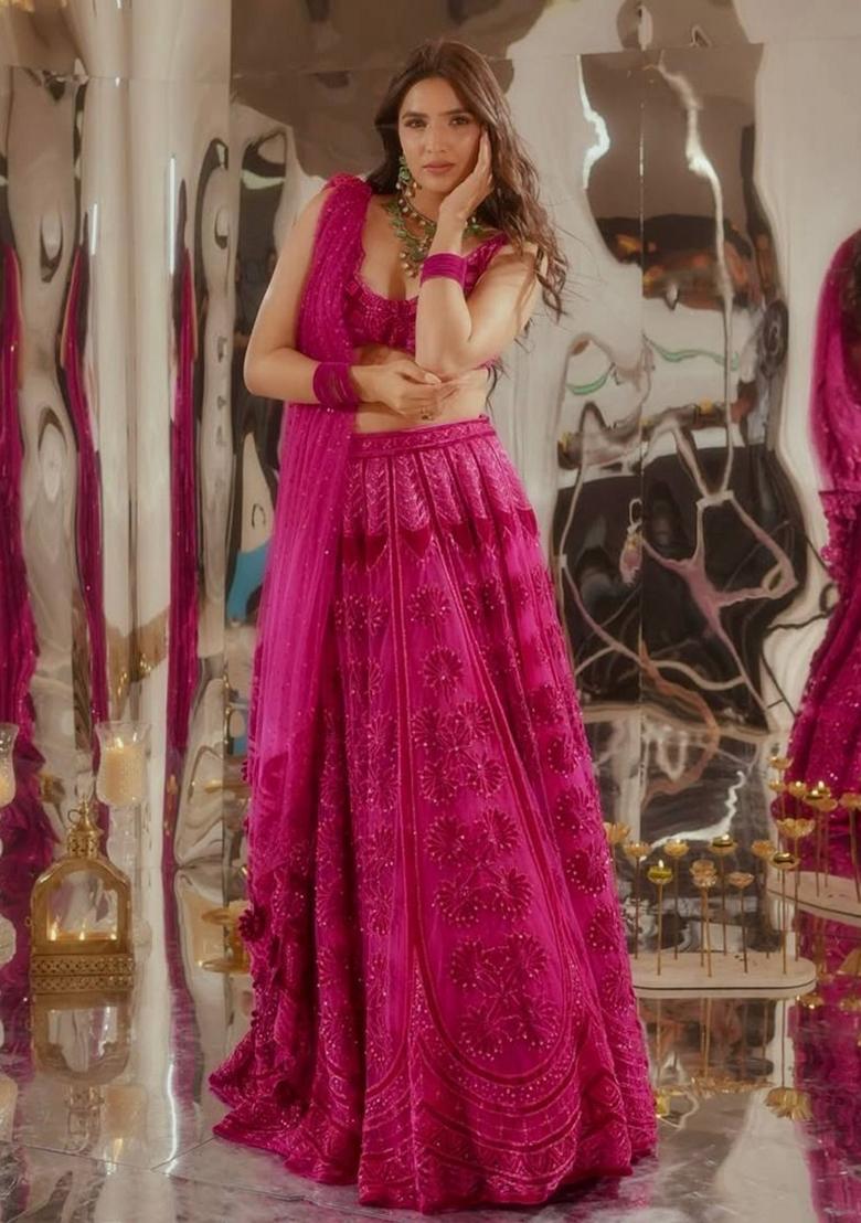 Pink Sequin Work Silk Lehenga Set - Indya