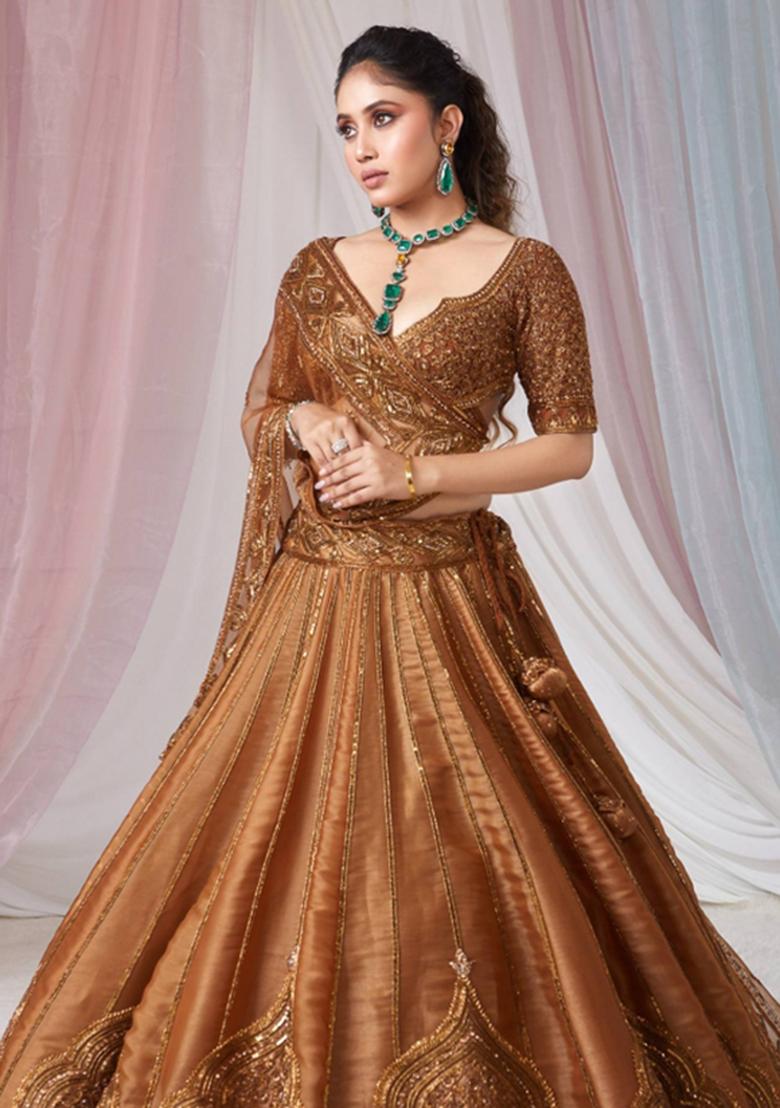 Golden Embroidered Satin Lehenga Set - Indya