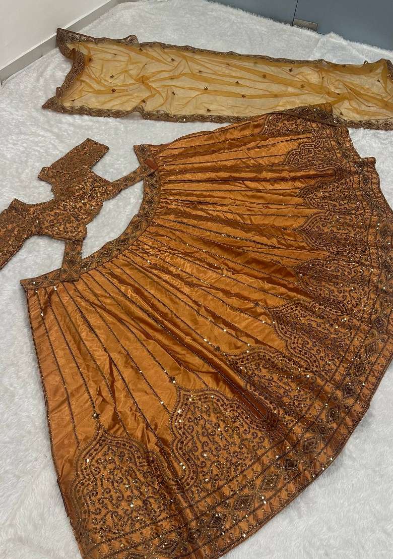 Golden Embroidered Satin Lehenga Set for Diwali and Festive Wear - Indya