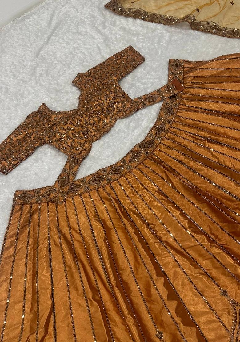 Golden Embroidered Satin Lehenga Set - Indya