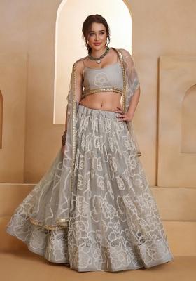 Light Grey Beads Work Net Lehenga Set