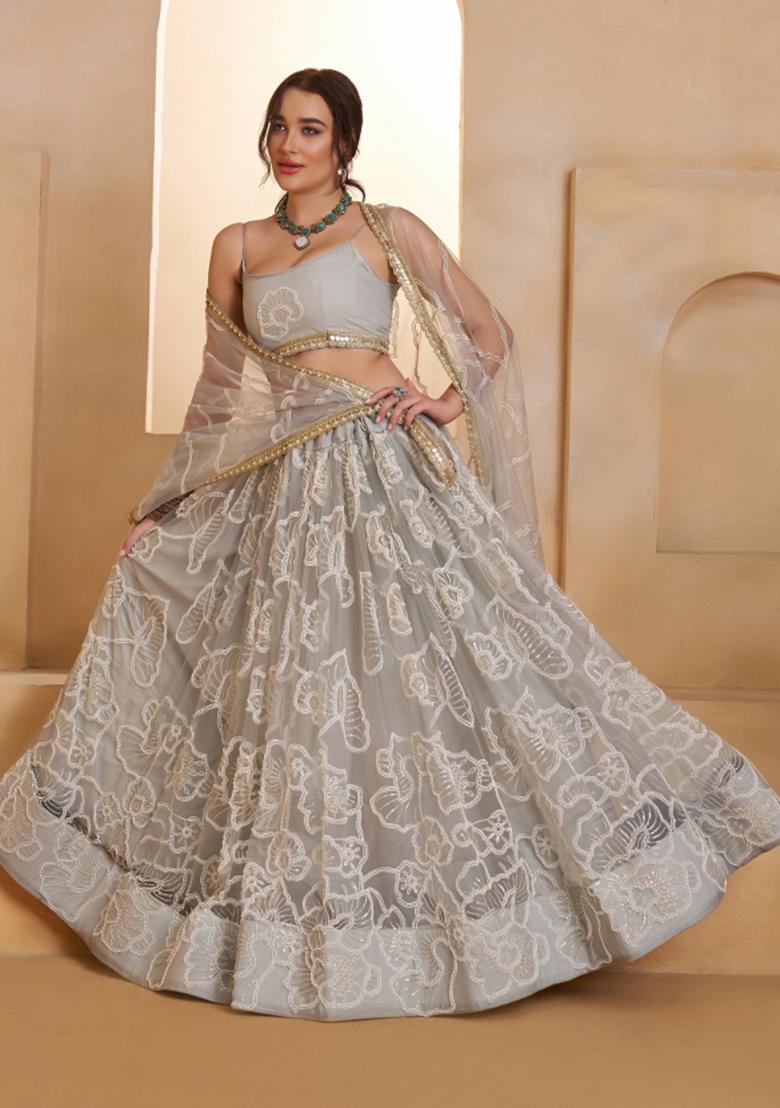 Light Grey Beads Work Net Lehenga Set - Indya