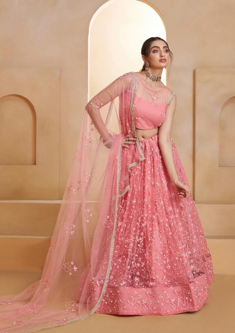 Light Pink Embroidered Net Lehenga Set - Indya