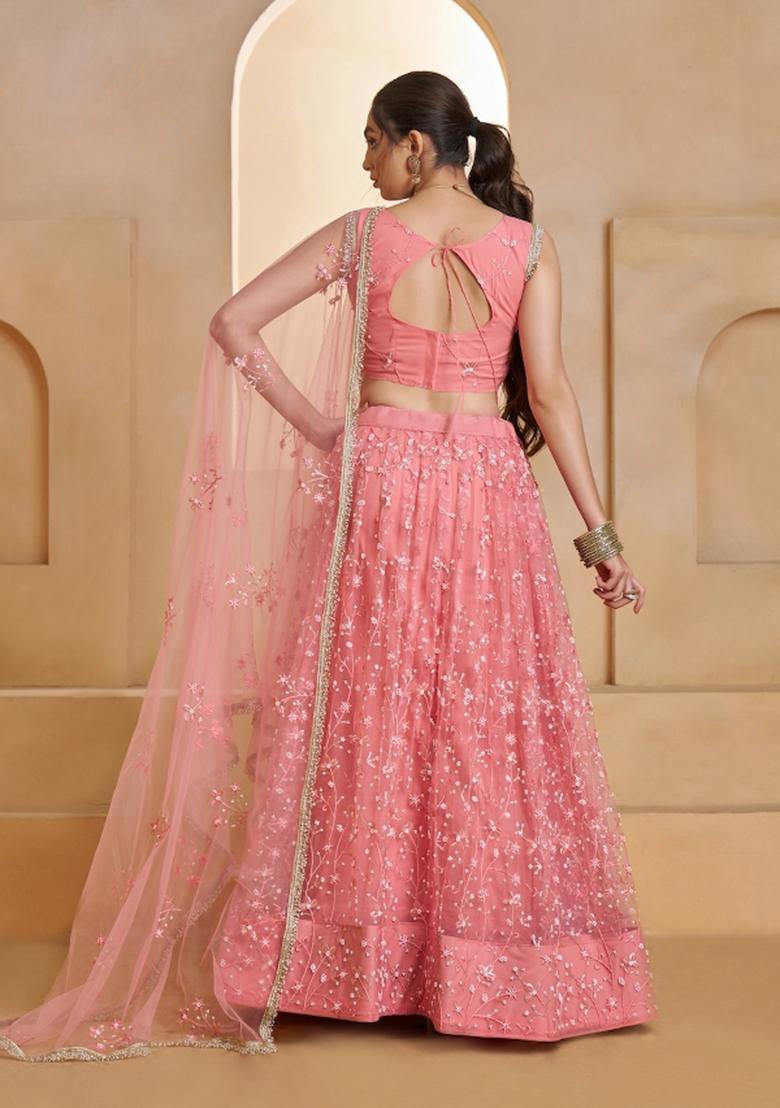 Light Pink Embroidered Net Lehenga Set - Indya