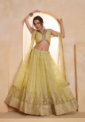 Lemon Yellow Beads Work Net Lehenga Set