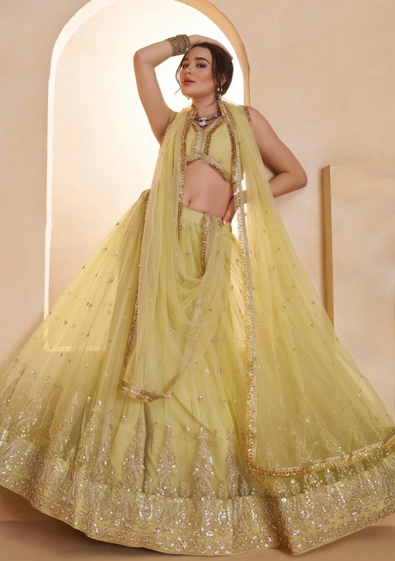Lemon Yellow Beads Work Net Lehenga Set - Indya