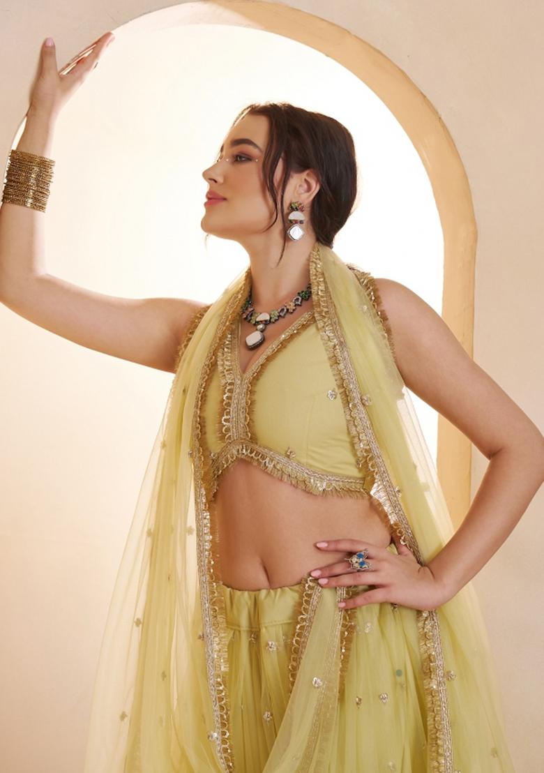 Lemon Yellow Beads Work Net Lehenga Set - Indya