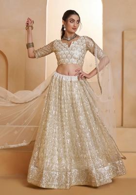 Off White Beads Work Net Lehenga Set