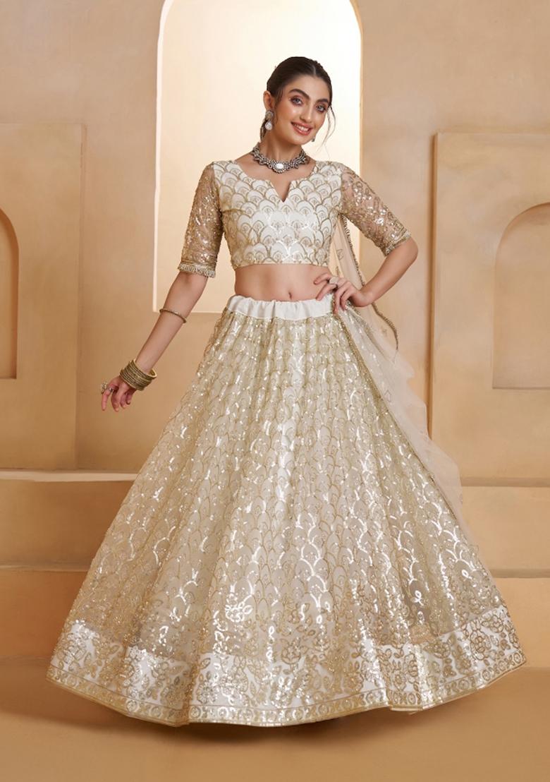 Off White Beads Work Net Lehenga Set - Indya