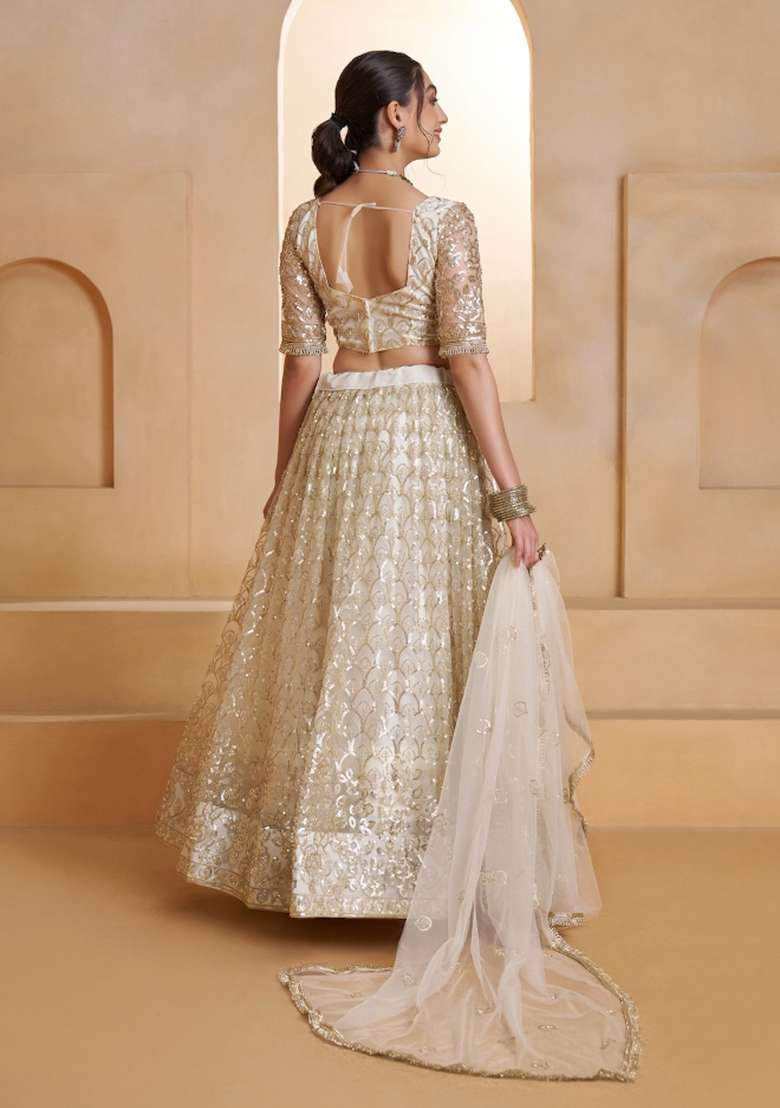 Off White Beads Work Net Lehenga Set - Indya