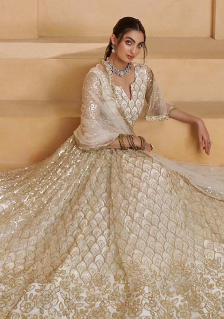 Off White Beads Work Net Lehenga Set - Indya
