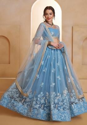 Mint Blue Beads Work Net Lehenga Set