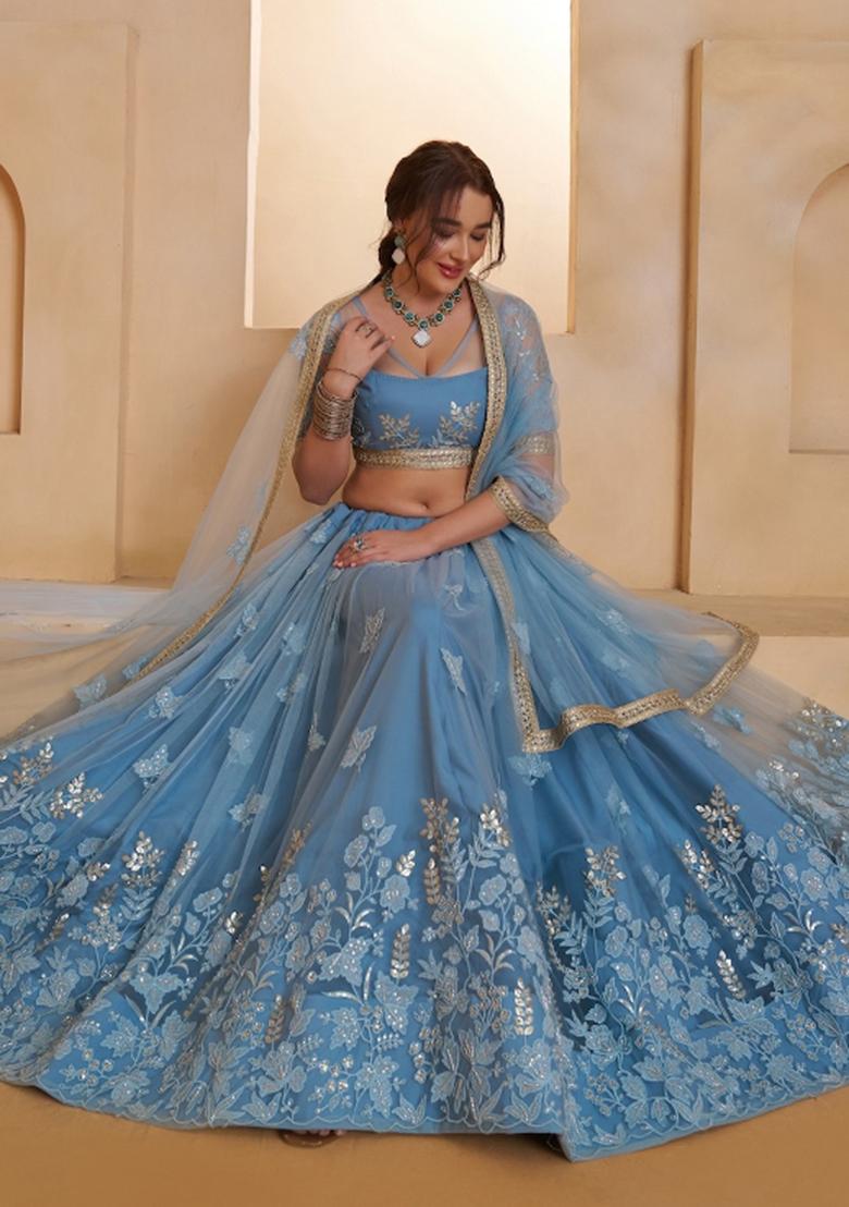 Mint Blue Beads Work Net Lehenga Set - Indya
