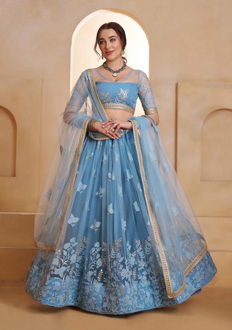 Mint Blue Beads Work Net Lehenga Set - Indya