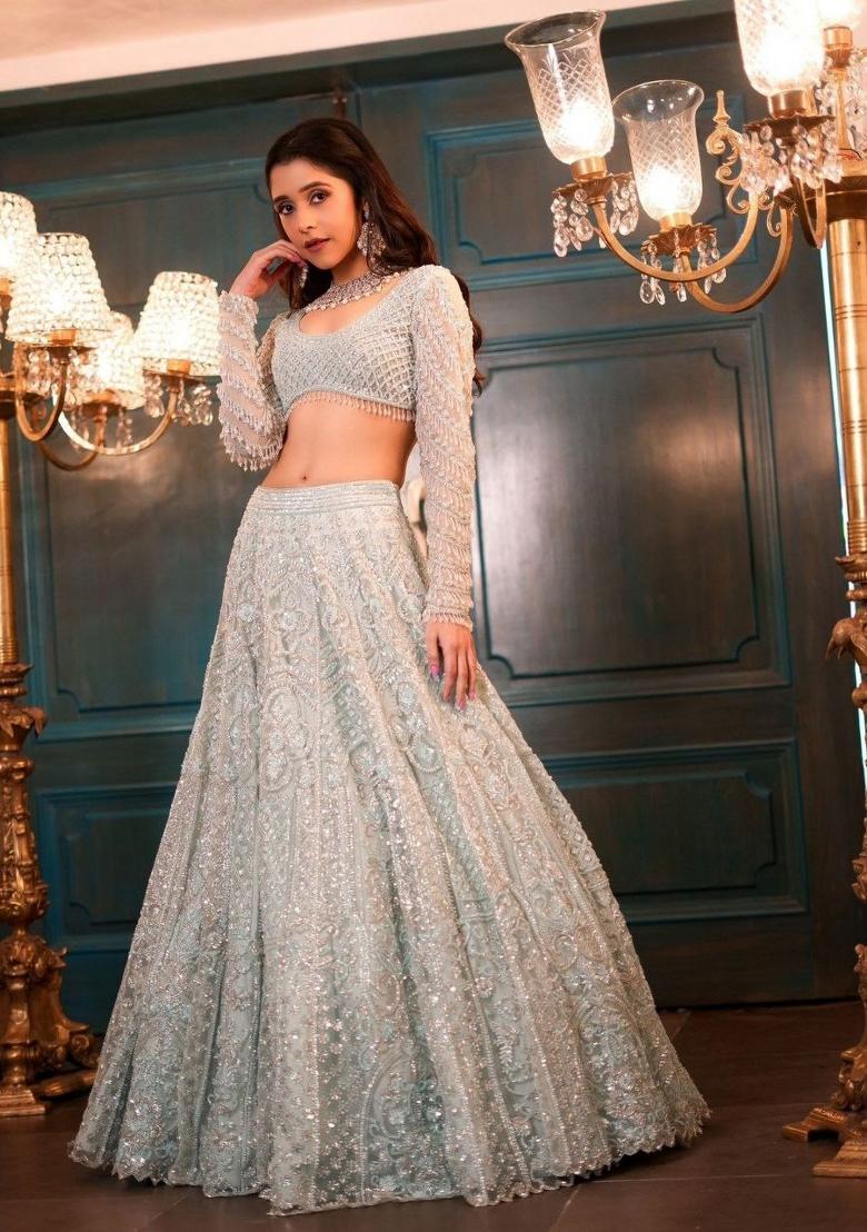 Sky Blue Sequin Work Net Lehenga Set - Indya