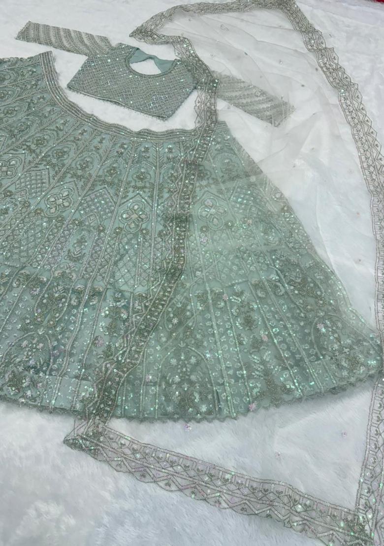 Sky Blue Sequin Work Net Lehenga Set - Indya