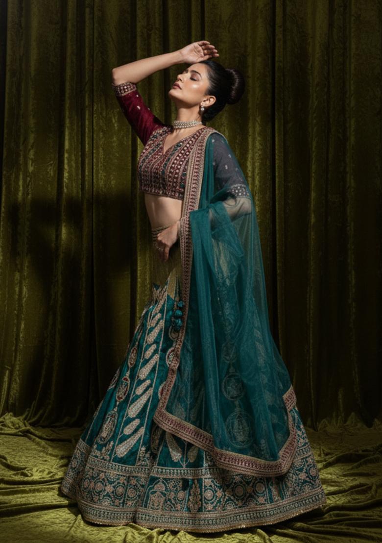 Green Sequin Work Silk Lehenga Set - Indya