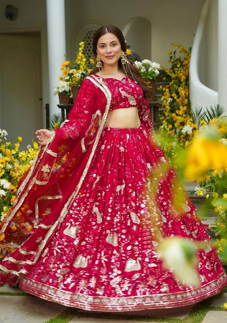 Red Sequin Work Georgette Lehenga Set - Indya