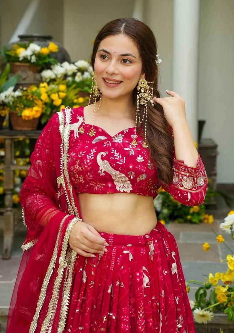 Red Sequin Work Georgette Lehenga Set - Indya