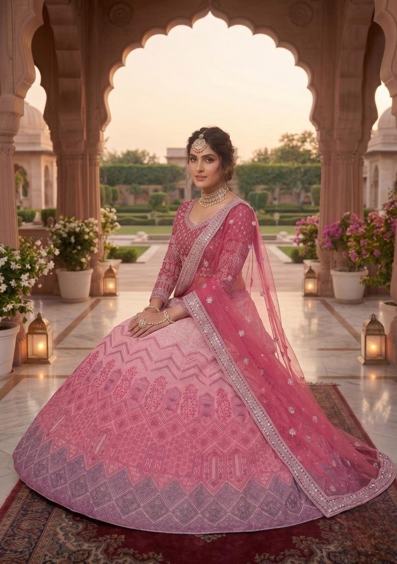 Multicolor Embroidered Georgette Lehenga Set - Indya