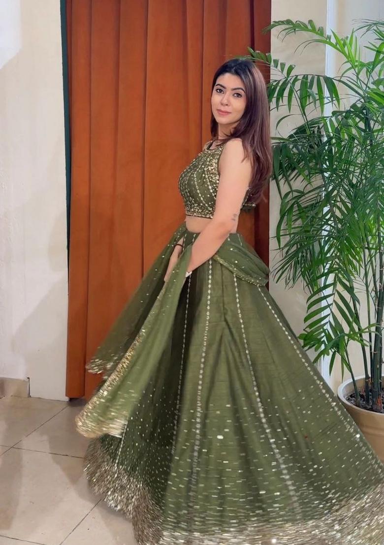 Green Sequin Work Silk Lehenga Set - Indya
