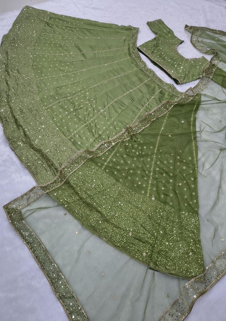 Green Sequin Work Silk Lehenga Set - Indya