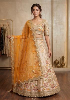 Beige Sequin Work Silk Lehenga Set