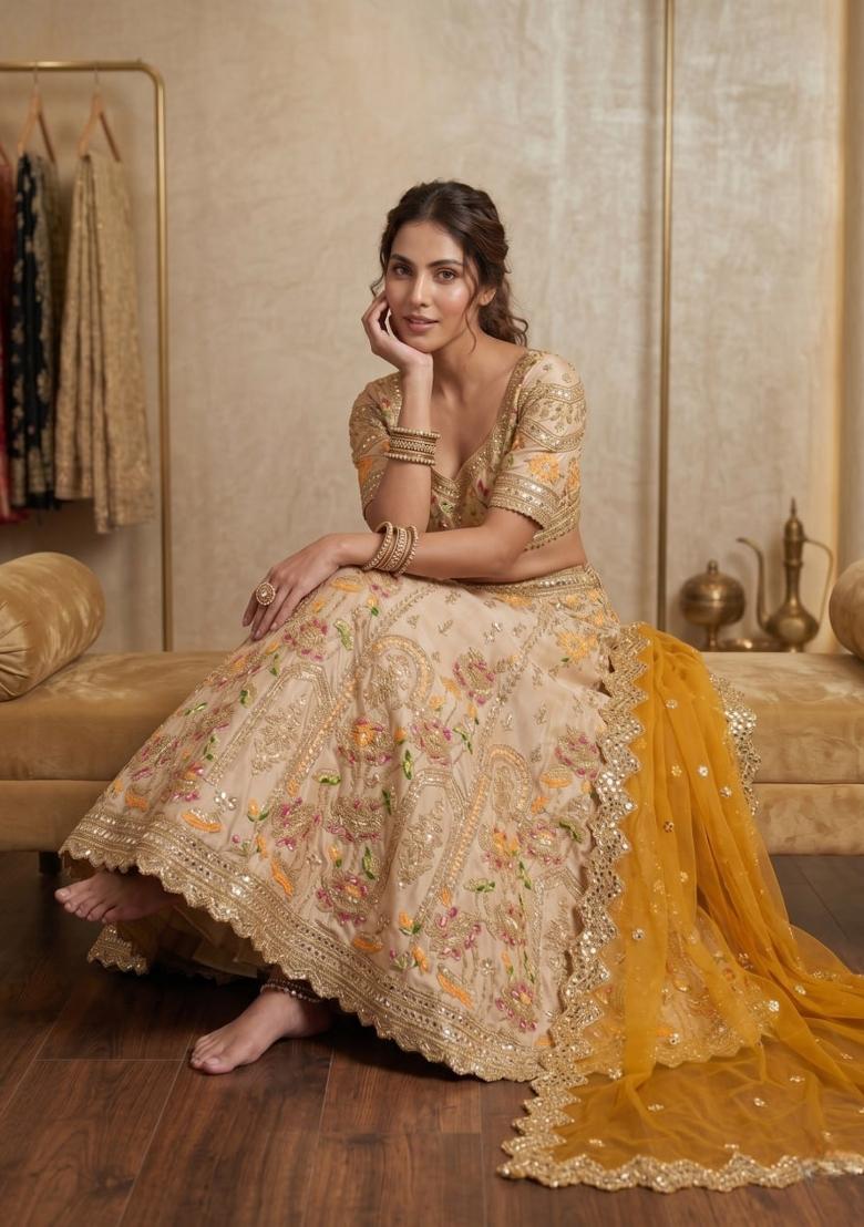Beige Sequin Work Silk Lehenga Set - Indya