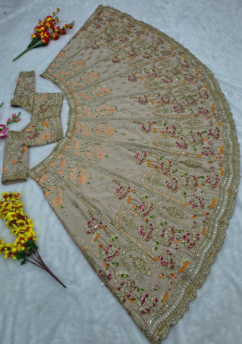Beige Sequin Work Silk Lehenga Set - Indya