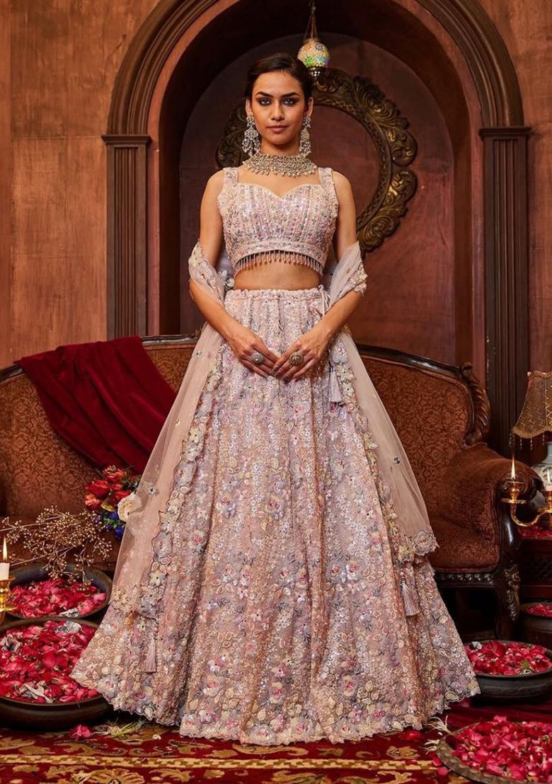 Light Pink Sequin Work Georgette Lehenga Set - Indya