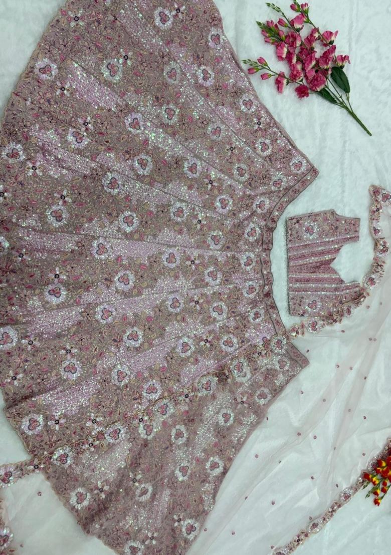 Light Pink Sequin Work Georgette Lehenga Set - Indya