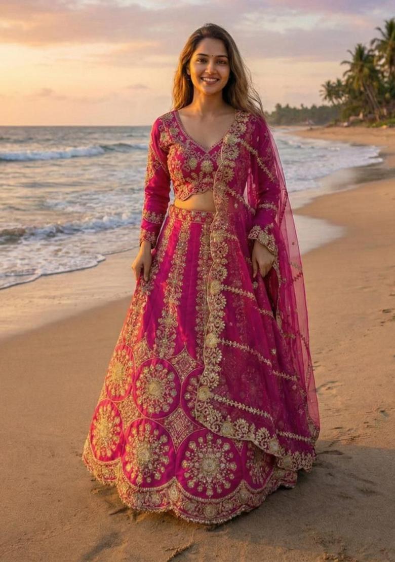 Pink Embroidered Silk Lehenga Set - Indya