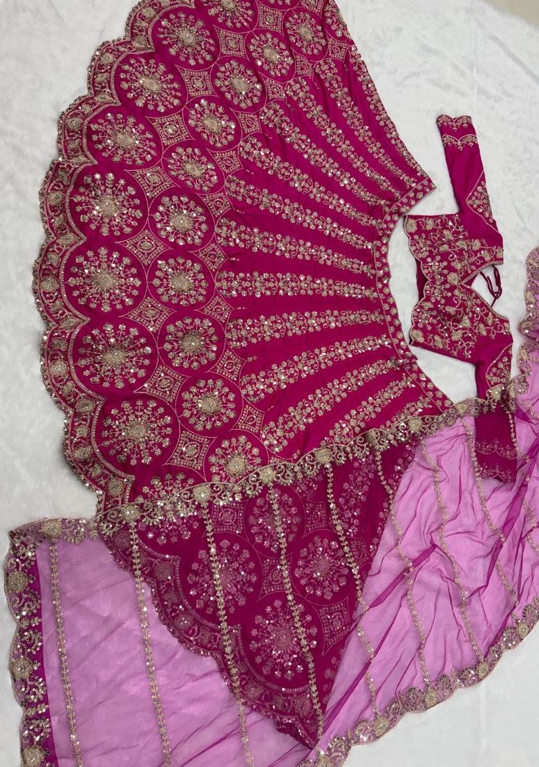 Pink Embroidered Silk Lehenga Set - Indya
