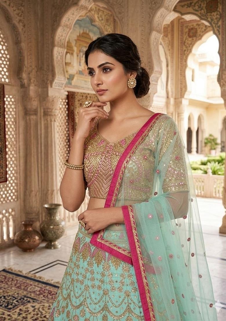 Light Green Sequin Work Silk Lehenga Set - Indya