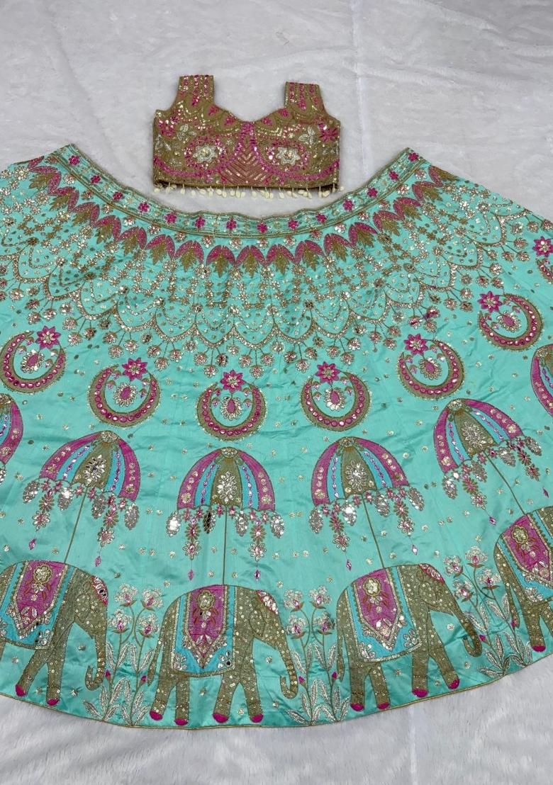 Light Green Sequin Work Silk Lehenga Set - Indya