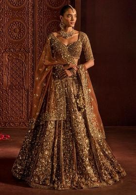 Brown Sequin Work Net Lehenga Set