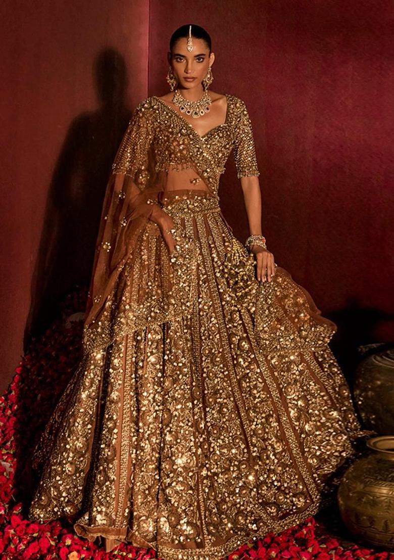 Brown Sequin Work Net Lehenga Set - Indya